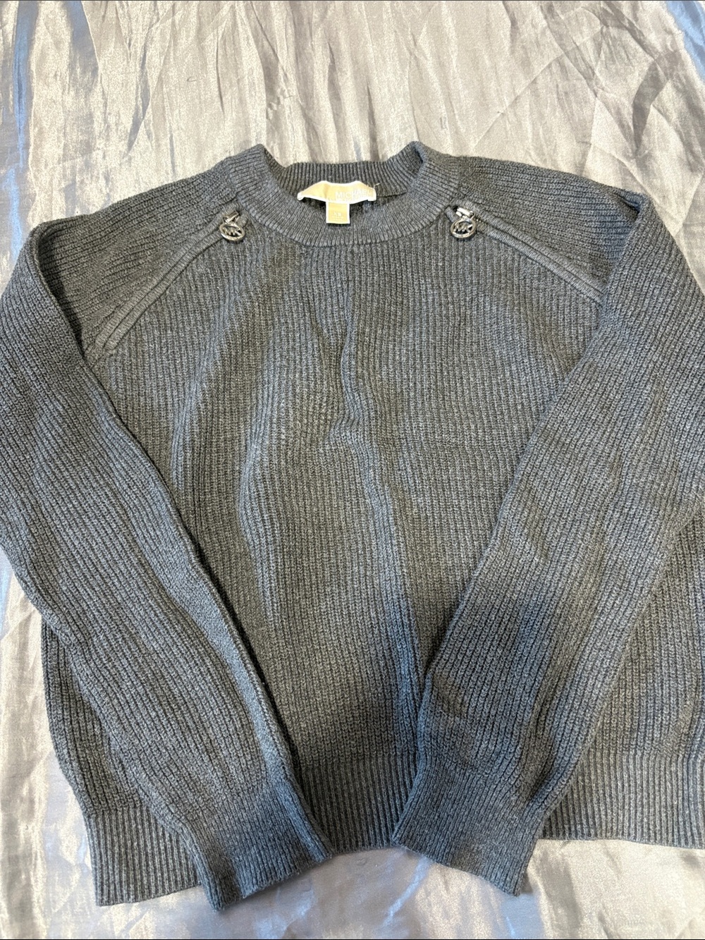 Michael Kors Gray Ribbed Crewneck Sweater with Logo Button Details